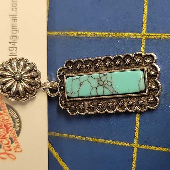 Silver Tone Turquoise Faux 1 1/2"  Earrings - Picture 2 of 2